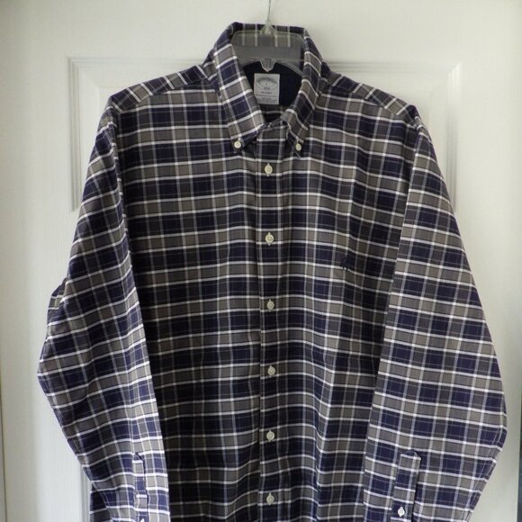 Brooks Brothers Mens Dress Shirt Regent 1818 Size L Blue Grey Plaid Long Sleeve - Picture 2 of 10